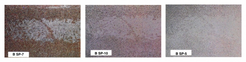 Fig. 2: Samples of degrees of blast cleaning on steel covered with rust and millscale, from SSPC’s VIS-1, Guide and Reference Photographs for Steel Surfaces Prepared by Dry Abrasive Blast Cleaning.